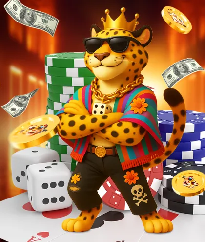 Mascota jaguar de MexWon rodeada de fichas, dados y monedas